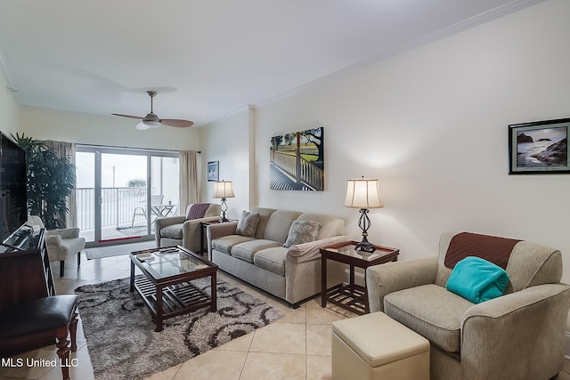 living room featuring ceiling fan, light tile patterned floors, and crown molding