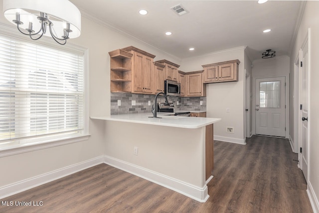 kitchen with stainless steel appliances, dark hardwood / wood-style flooring, kitchen peninsula, decorative backsplash, and ornamental molding