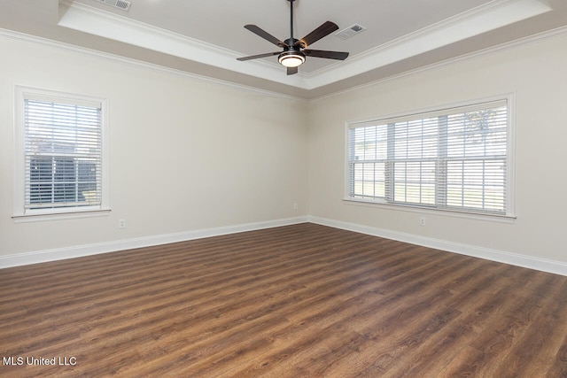 spare room with a tray ceiling, a wealth of natural light, and crown molding