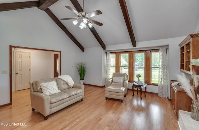 living room with beam ceiling, high vaulted ceiling, light hardwood / wood-style floors, and ceiling fan