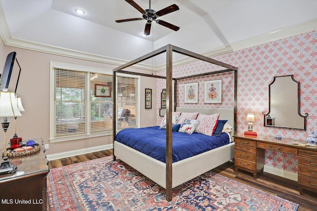 611 Berridge Dr, Ridgeland, MS 39157 - bedroom with wood finished floors, baseboards, wallpapered walls, and a tray ceiling