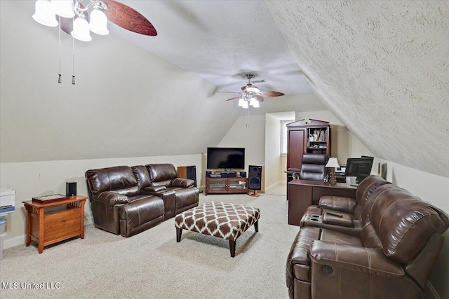 611 Berridge Dr, Ridgeland, MS 39157 - carpeted living room featuring ceiling fan, vaulted ceiling, a textured ceiling, and baseboards