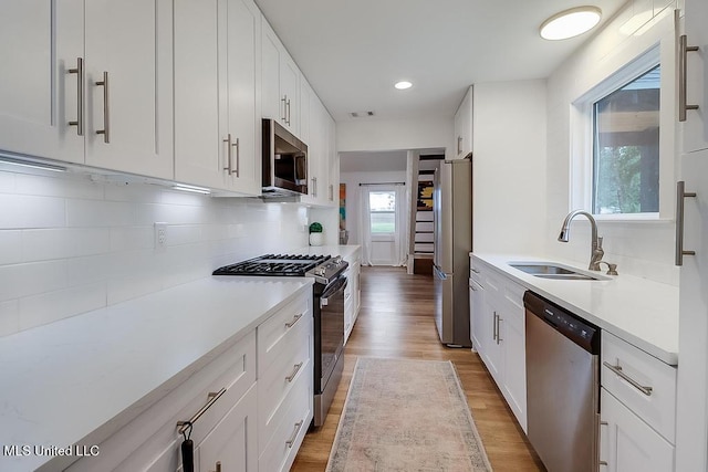 kitchen featuring light countertops, a sink, light wood finished floors, and stainless steel appliances