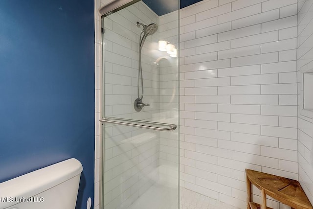 full bathroom featuring toilet and a stall shower