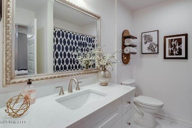 bathroom with vanity, a shower with curtain, toilet, and marble finish floor