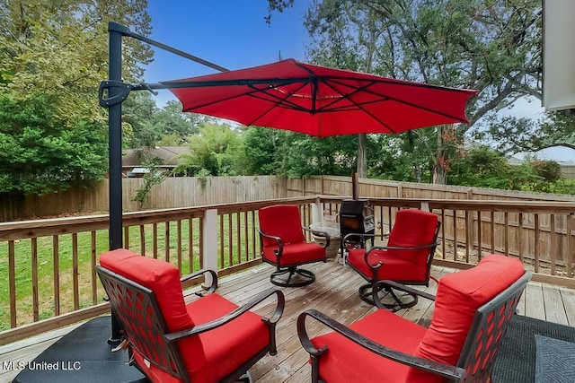 deck with a fenced backyard and a yard