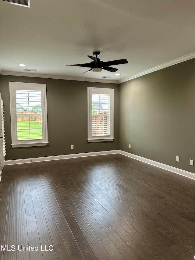 4049 Courtyard Dr, Southaven, MS 38671 - unfurnished room with ornamental molding, ceiling fan, baseboards, dark wood-style flooring, and recessed lighting