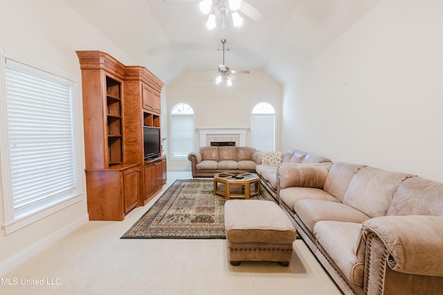 104 Overbrook Hl, Ridgeland, MS 39157 - living area featuring a ceiling fan, lofted ceiling, and a fireplace