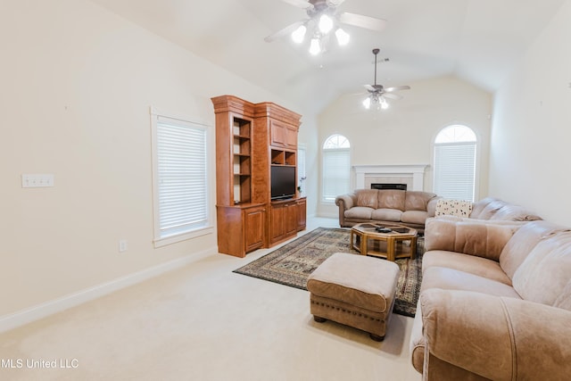 104 Overbrook Hl, Ridgeland, MS 39157 - living room featuring a ceiling fan, carpet flooring, vaulted ceiling, and a fireplace
