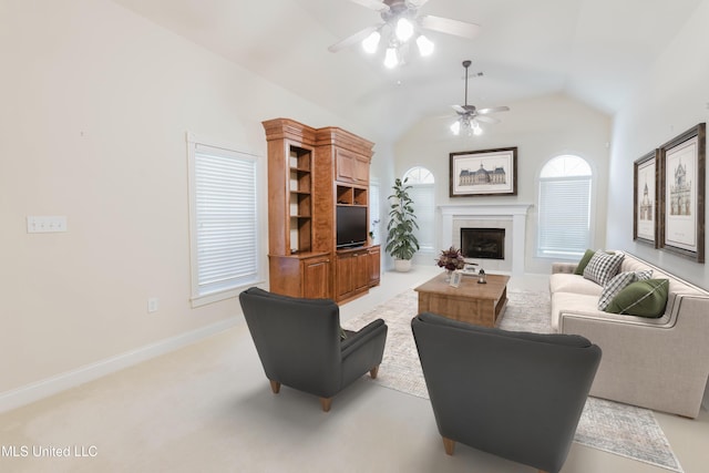 104 Overbrook Hl, Ridgeland, MS 39157 - living area with ceiling fan, a fireplace, and lofted ceiling