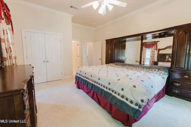 104 Overbrook Hl, Ridgeland, MS 39157 - bedroom featuring light carpet, crown molding, a closet, and a ceiling fan