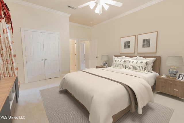 104 Overbrook Hl, Ridgeland, MS 39157 - bedroom featuring crown molding, light colored carpet, a closet, and a ceiling fan