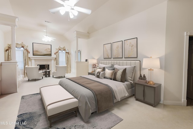 104 Overbrook Hl, Ridgeland, MS 39157 - bedroom featuring carpet flooring, a fireplace, vaulted ceiling, and ceiling fan