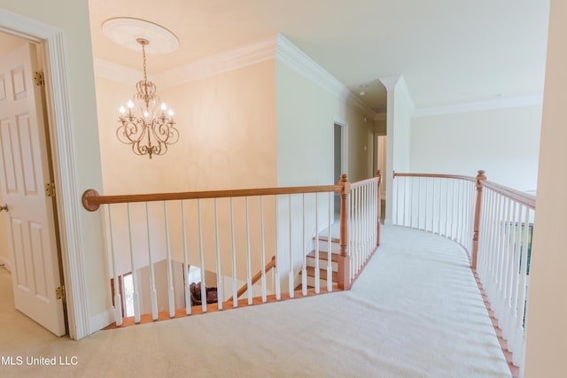 104 Overbrook Hl, Ridgeland, MS 39157 - corridor with crown molding, carpet flooring, a chandelier, and an upstairs landing