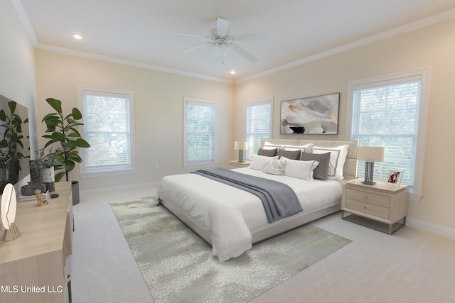 104 Overbrook Hl, Ridgeland, MS 39157 - bedroom with light colored carpet, crown molding, recessed lighting, and a ceiling fan