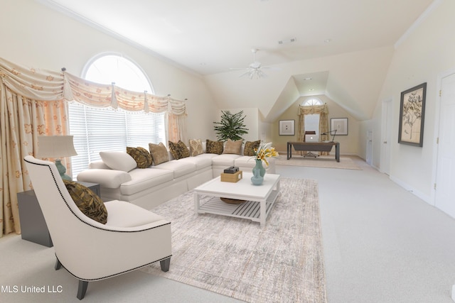 104 Overbrook Hl, Ridgeland, MS 39157 - carpeted living room with ceiling fan and vaulted ceiling