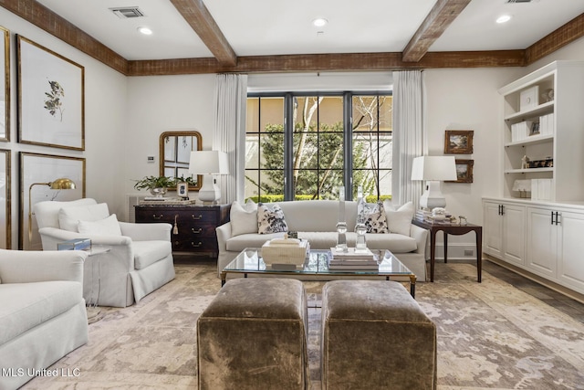 living room with recessed lighting, visible vents, beamed ceiling, and baseboards