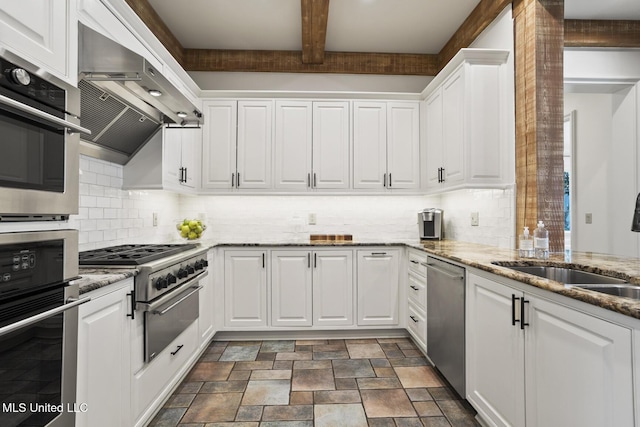 kitchen featuring beam ceiling, stainless steel appliances, backsplash, white cabinetry, and under cabinet range hood