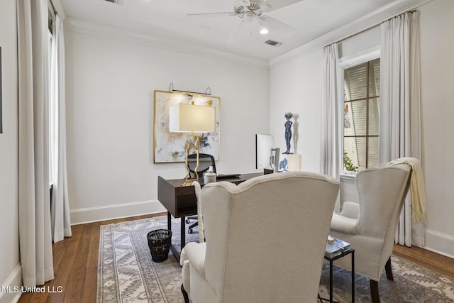 office featuring baseboards, crown molding, visible vents, and dark wood-style flooring