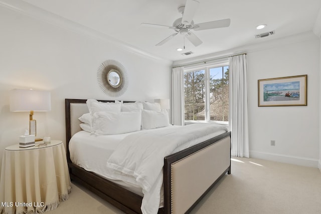 bedroom with baseboards, visible vents, ceiling fan, and light colored carpet