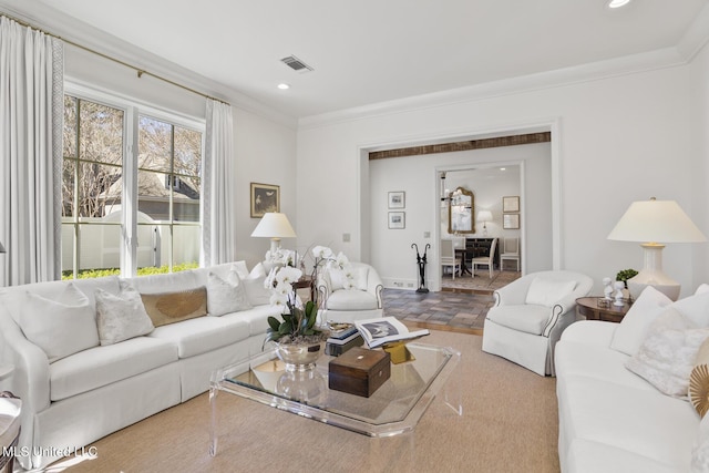 living room featuring recessed lighting, visible vents, and crown molding