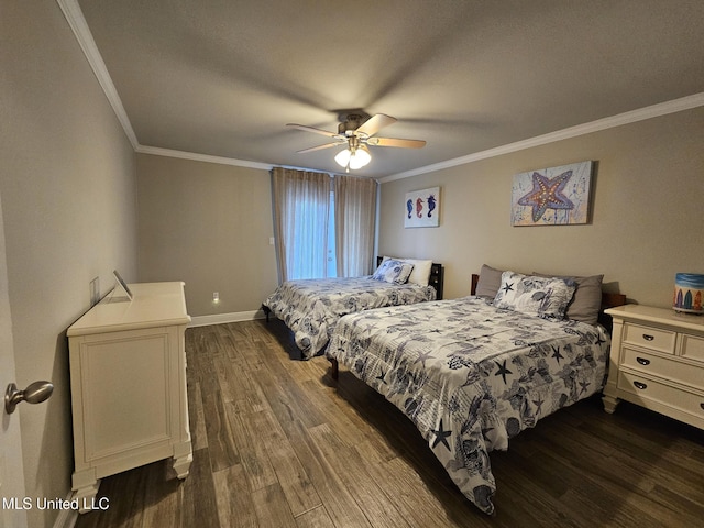 bedroom with ceiling fan, dark hardwood / wood-style floors, and ornamental molding