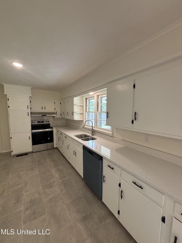 kitchen featuring electric stove, a sink, dishwasher, and white cabinetry