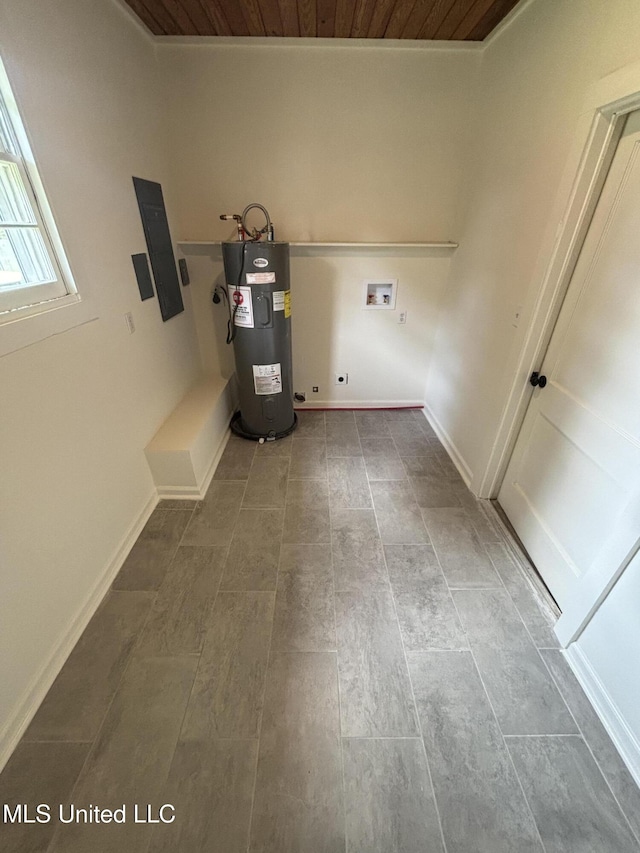 clothes washing area with laundry area, washer hookup, water heater, wood ceiling, and electric panel