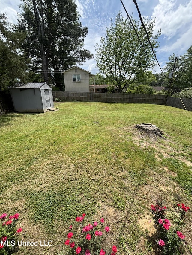 view of yard with a fenced backyard, an outbuilding, and a shed