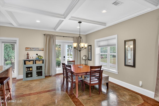 631 2nd St, Gulfport, MS 39501 - dining space with coffered ceiling, healthy amount of natural light, a chandelier, french doors, and beamed ceiling