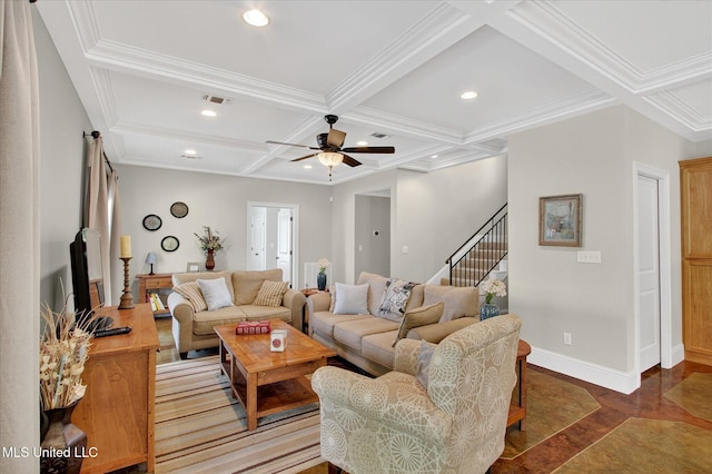 631 2nd St, Gulfport, MS 39501 - living room with coffered ceiling, recessed lighting, beamed ceiling, stairway, and a ceiling fan