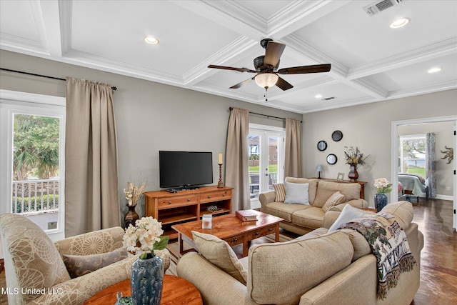 631 2nd St, Gulfport, MS 39501 - living room with coffered ceiling, plenty of natural light, a ceiling fan, crown molding, and beam ceiling