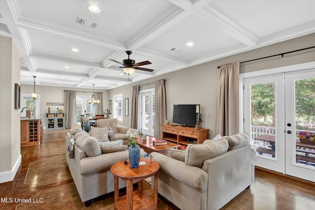 631 2nd St, Gulfport, MS 39501 - living area featuring french doors, coffered ceiling, beamed ceiling, recessed lighting, and ceiling fan
