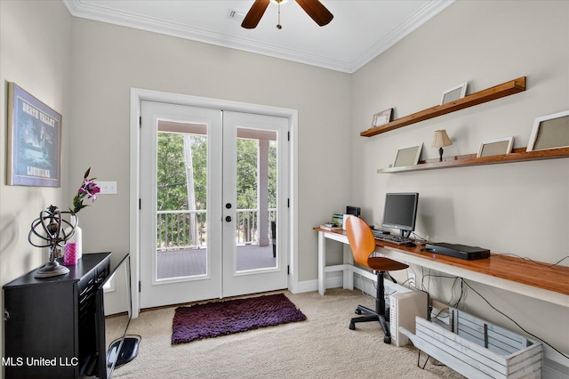 631 2nd St, Gulfport, MS 39501 - office space with french doors, carpet flooring, ceiling fan, and ornamental molding
