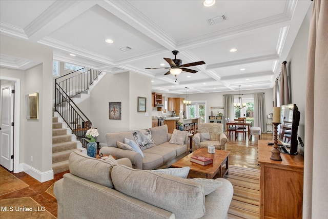 631 2nd St, Gulfport, MS 39501 - living area featuring coffered ceiling, a chandelier, stairs, beam ceiling, and recessed lighting