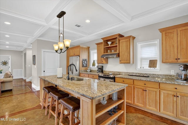 631 2nd St, Gulfport, MS 39501 - kitchen featuring open shelves, stainless steel appliances, under cabinet range hood, coffered ceiling, and healthy amount of natural light