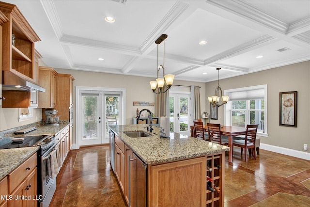 631 2nd St, Gulfport, MS 39501 - kitchen with french doors, stainless steel range with electric stovetop, a chandelier, under cabinet range hood, and coffered ceiling