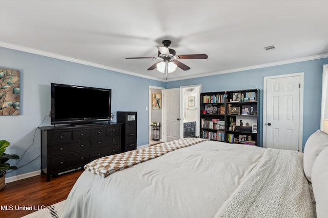 7465 Davidson Rd, Olive Branch, MS 38654 - bedroom featuring dark wood-type flooring, ornamental molding, baseboards, and a ceiling fan