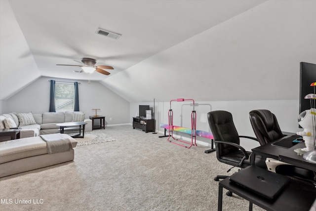 7465 Davidson Rd, Olive Branch, MS 38654 - home office featuring carpet flooring, ceiling fan, and vaulted ceiling