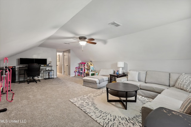 7465 Davidson Rd, Olive Branch, MS 38654 - living room with an office area, vaulted ceiling, carpet, and ceiling fan