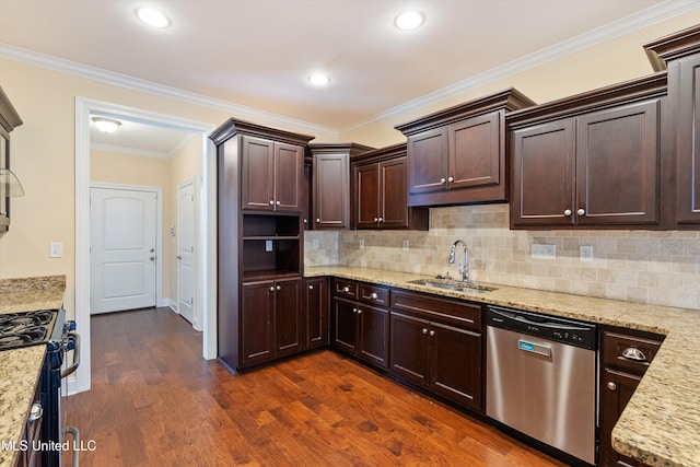 kitchen featuring dark hardwood / wood-style floors, sink, stainless steel dishwasher, light stone counters, and gas range oven