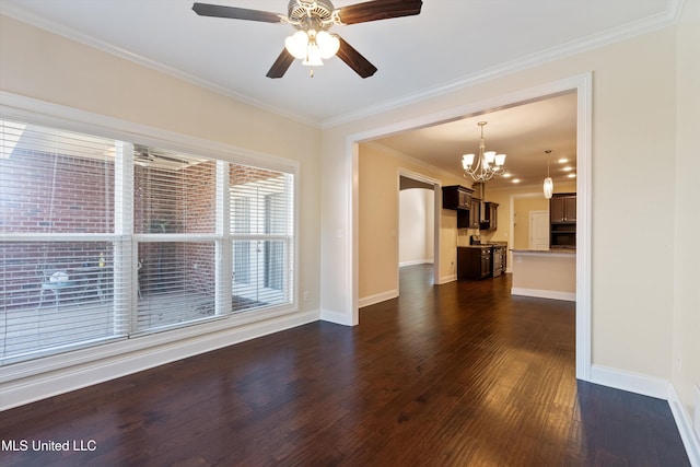 unfurnished living room with ornamental molding, dark hardwood / wood-style floors, and ceiling fan with notable chandelier