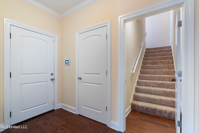 foyer featuring ornamental molding and dark hardwood / wood-style floors