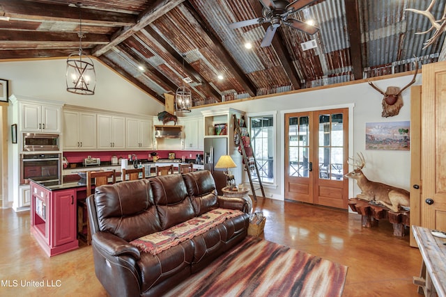 tiled living room with french doors, ceiling fan with notable chandelier, high vaulted ceiling, and beam ceiling