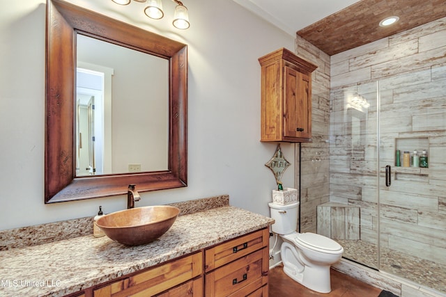 bathroom with vanity, toilet, and walk in shower