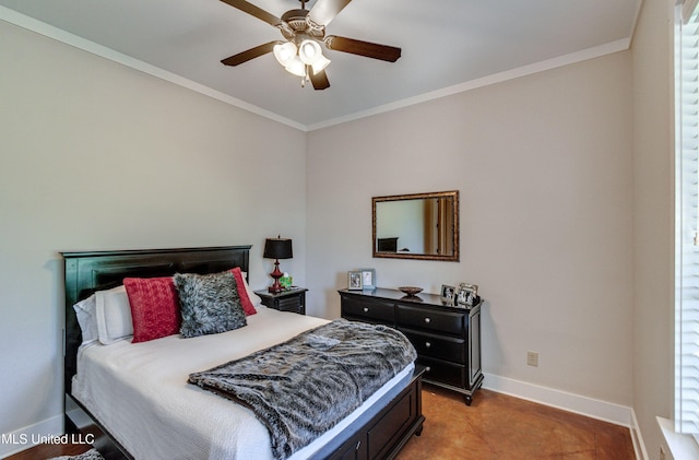 bedroom with ceiling fan and ornamental molding