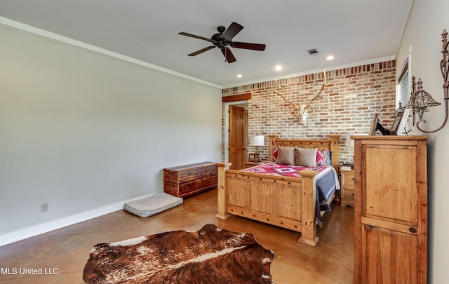 tiled bedroom with ceiling fan, crown molding, and brick wall