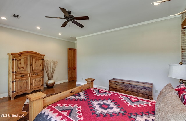 tiled bedroom featuring ceiling fan and ornamental molding