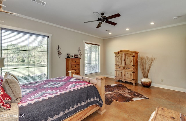tiled bedroom with ceiling fan and ornamental molding