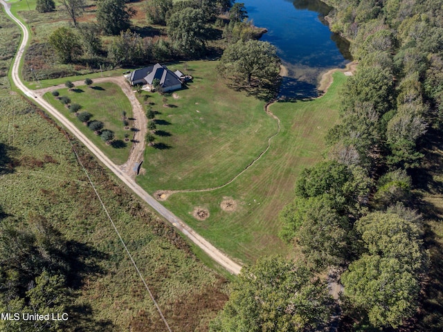 aerial view featuring a rural view and a water view